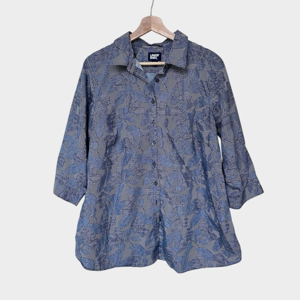 Land's End No-Iron 3/4 Sleeve Shirt‎ - Supima Cotton, Button, Blue Floral 16W